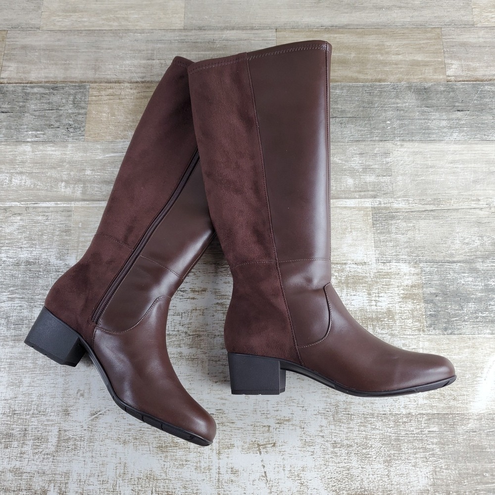 Ros Hommerson Mix Womens Wide Calf Boot Sz 6 W Brown Leather Side Zip Block Heel